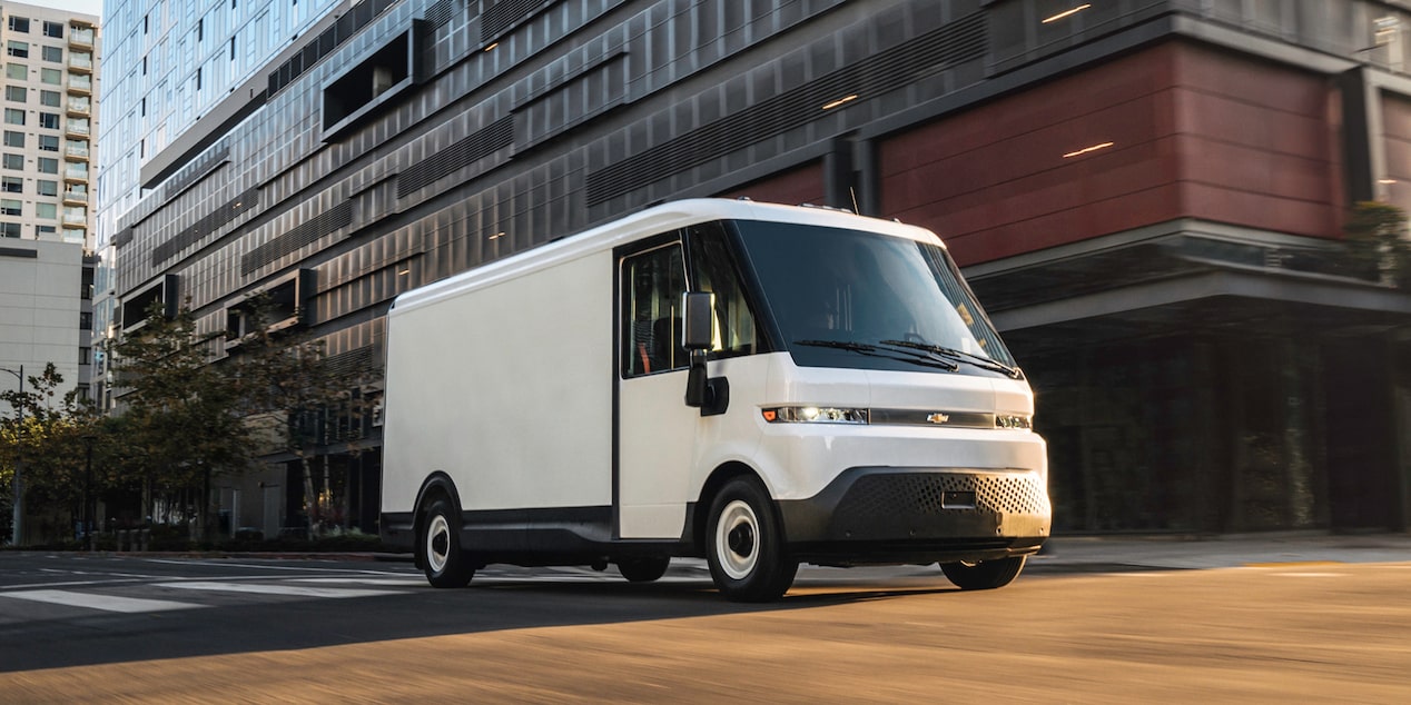 A Chevrolet BrightDrop driving through a city