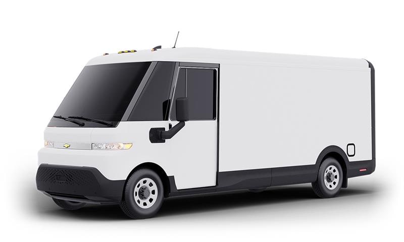 A white, unbranded Brightdrop electric van