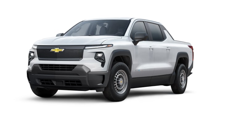 An exterior left facing jellybean shot of the Summit White 2024 Silverado EV with 2 WT.