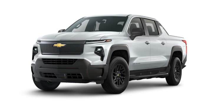 An exterior left facing jellybean shot of the Summit White 2024 Silverado EV with 5 WT.