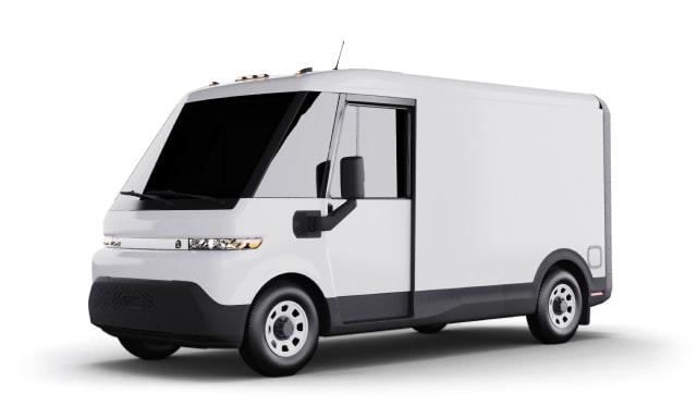 A white, unbranded Brightdrop 400 electric van