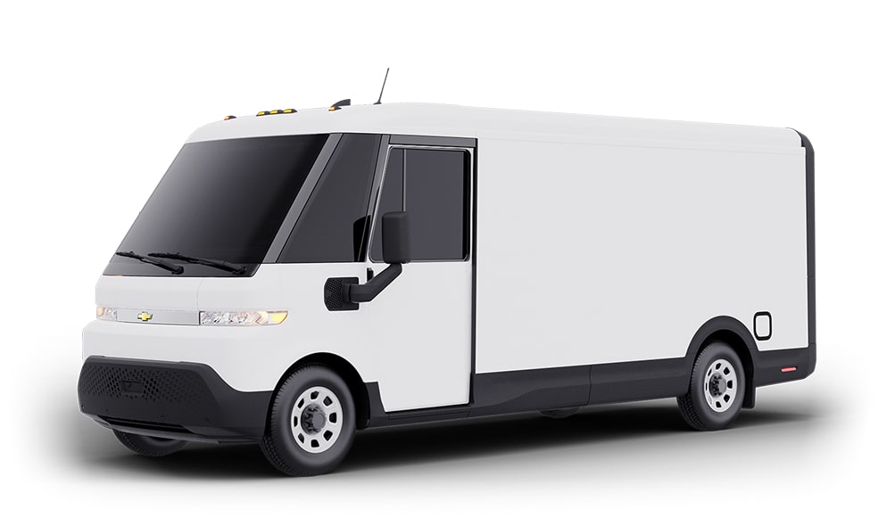 A white, unbranded Brightdrop electric van
