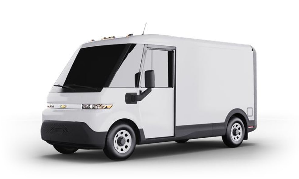 A white, unbranded Brightdrop 400 electric van