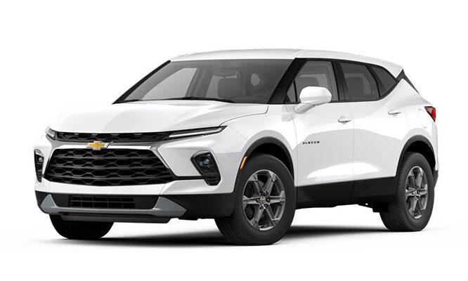 A three-quarter shot of a white 2026 Chevrolet Blazer