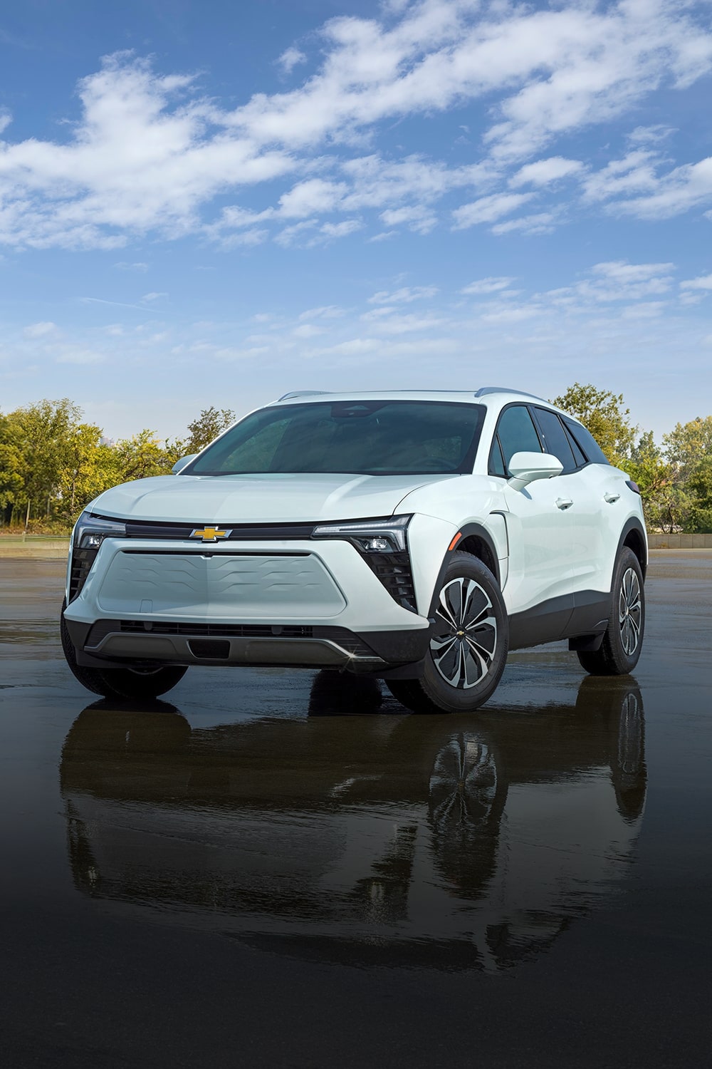 A White Chevrolet Blazer EV parked in three-quarter view.