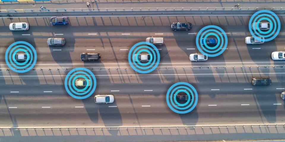 A Birds-Eye View of a Highway and a Visual Displaying the Sensors on the Moving Vehicles